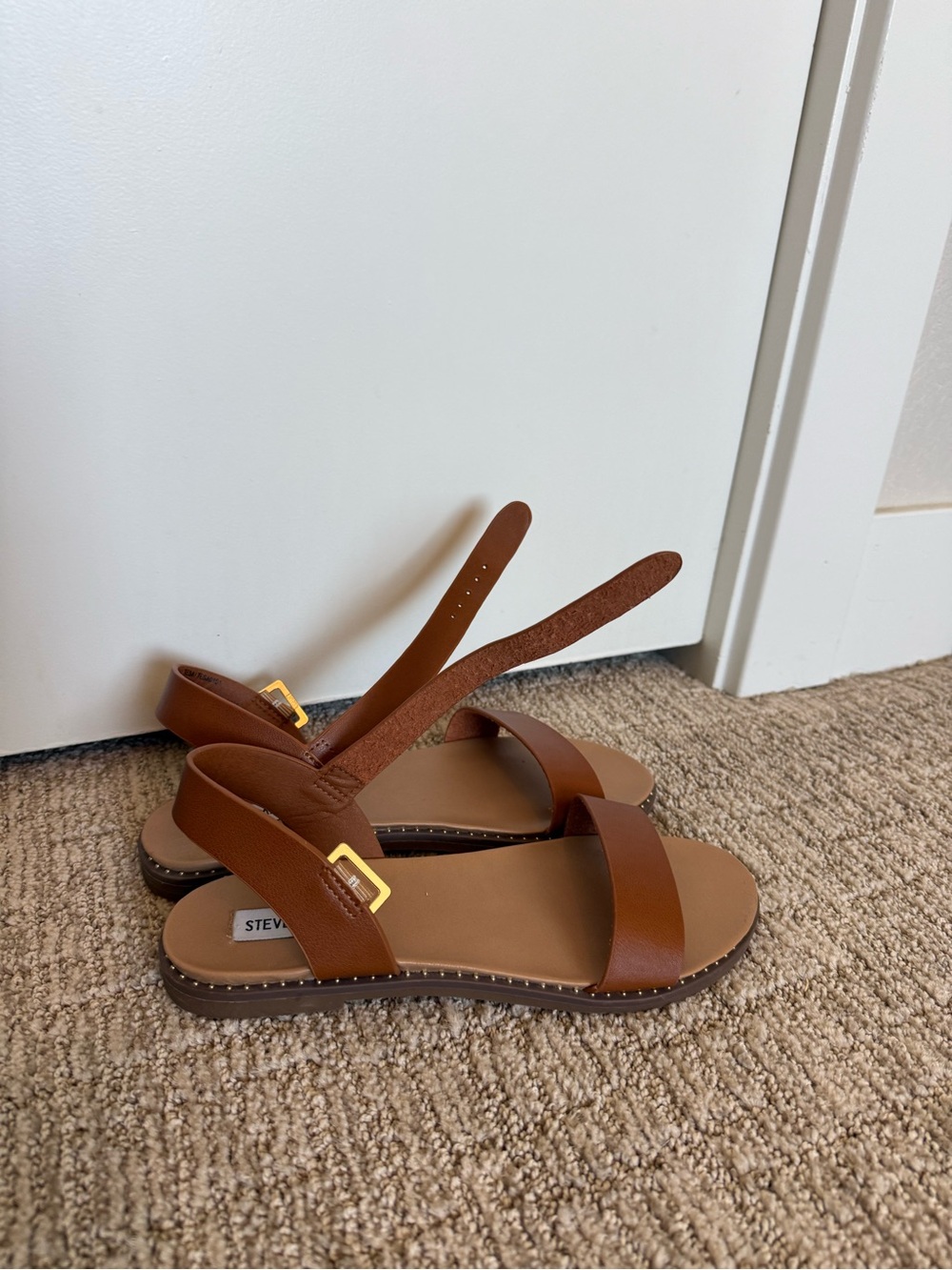 Steve Madden Brown Leather Ankle-Strap Sandals with Gold Buckle - 8.5
